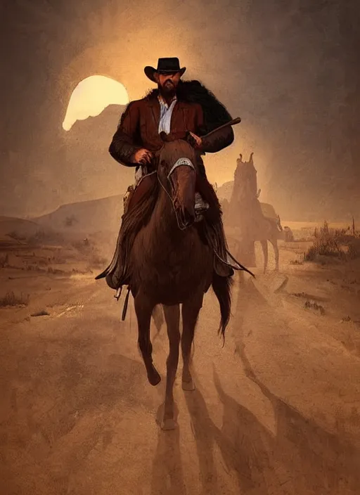 Image similar to highly detailed portrait of man with a horse nose wearing a cowboy hat, determined. red dead redemption art, unreal engine, fantasy art by greg rutkowski