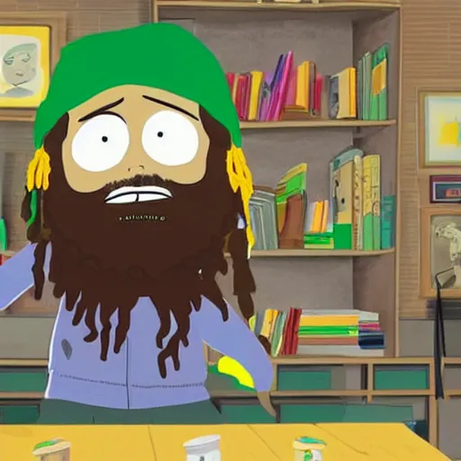 Image similar to a highly detailed painting of a boy with dreadlocks and a beard in the virtual reality of southpark, he does a lot of mischief and dances with the other members of the series