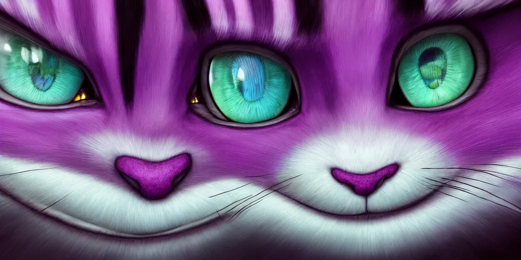 Image similar to The Cheshire Cat, Alice in wonderland, colorful, wide angle, super highly detailed, professional digital painting, artstation, concept art, smooth, sharp focus, no blur, no dof, extreme illustration, Unreal Engine 5, Photorealism, HD quality, 8k resolution, cinema 4d, 3D, beautiful, cinematic, art by artgerm and greg rutkowski and alphonse mucha and loish and WLOP