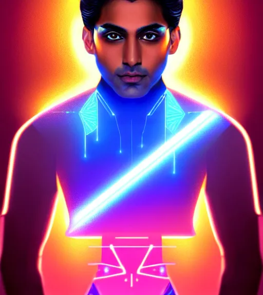 Image similar to symmetry!! indian prince of technology, solid cube of light, hard edges, product render retro - futuristic poster scifi, lasers and neon circuits, brown skin handsome indian prince, intricate, elegant, highly detailed, digital painting, artstation, concept art, smooth, sharp focus, illustration, dreamlike, art by artgerm