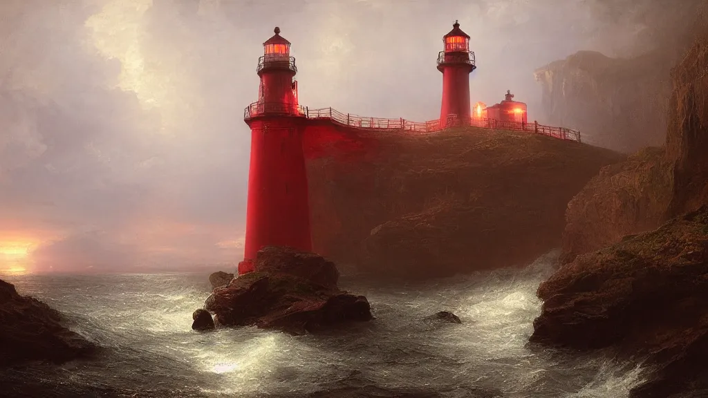 Prompt: red lighthouse in the cave, andreas achenbach, artgerm, mikko lagerstedt, zack snyder, tokujin yoshioka