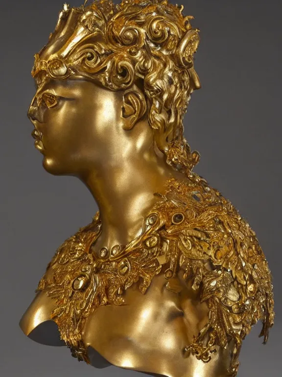 Prompt: a backlit art nouveau marble head and torso sculpture of a worried young ana de armas, wearing intricate gold plate armor on her chest and a golden helmet, delicate, intricate, smooth, beautiful, glowing, by charles van der stappen