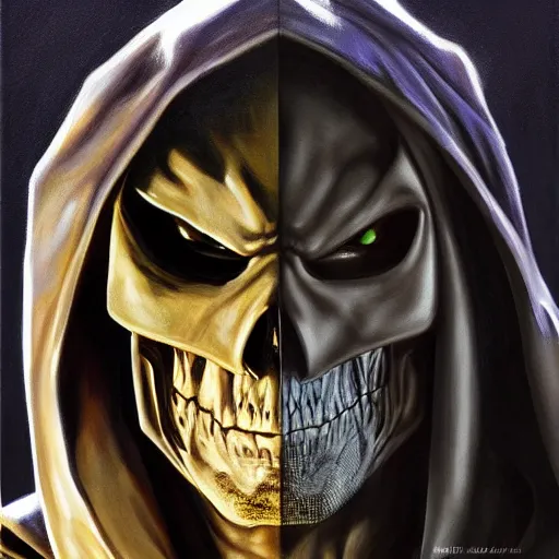 Prompt: ultra realistic portrait painting of skeletor as batman, art by mark taylor, 4 k, ultra realistic, highly detailed, epic lighting