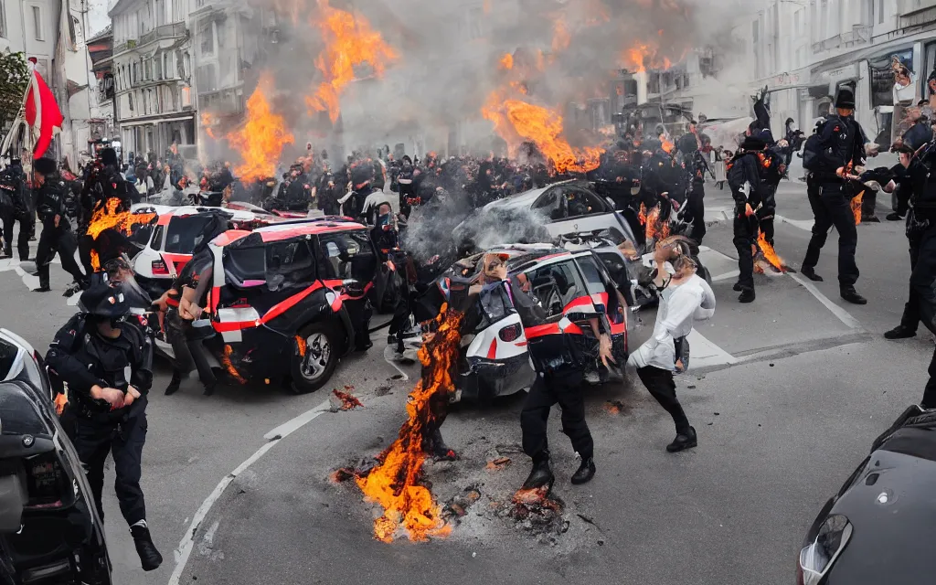 Image similar to an austrian police car burning with people dancing in a ritual around it