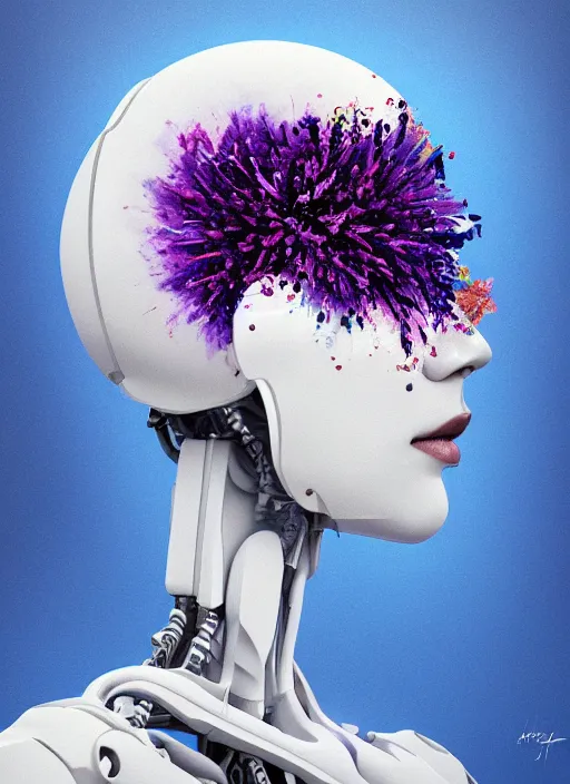 Prompt: a painting by artgerm of a 3 d white robot head with flowers growing out, highly detailed, color bleeding, pixel sorting, plain purple background, studio lighting, high contrast, bold composition, abstract paint color splotches