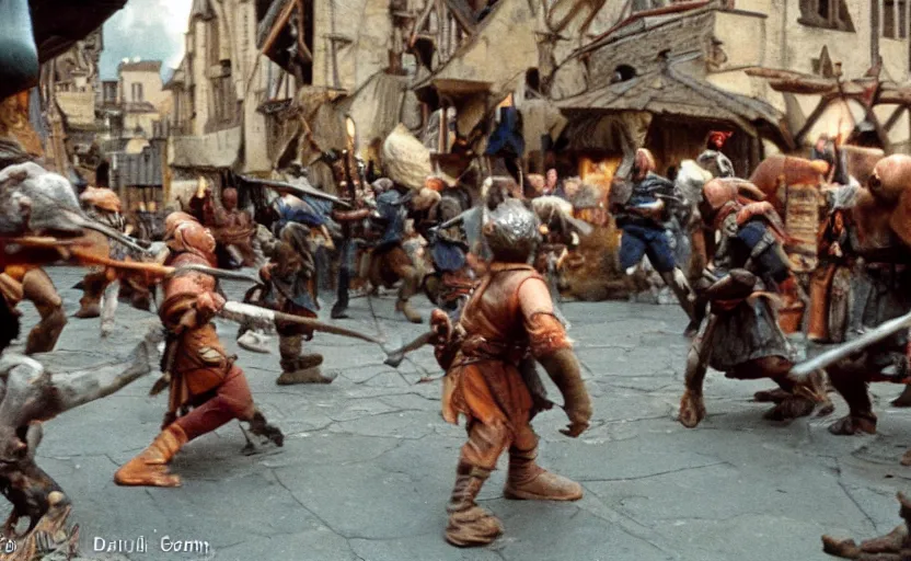 Image similar to movie still: goblins attack a medieval marketplace, by David Bailey, Cinestill 800t 50mm eastmancolor, heavy grainy picture, very detailed, high quality, 4k, HD criterion, precise texture and poses