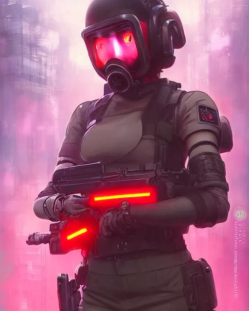 Image similar to anime key visual of a young female swat officer, neon, red gas mask, cyberpunk, futuristic, stunning, highly detailed, digital painting, artstation, smooth, soft focus, illustration, art by artgerm and greg rutkowski and alphonse mucha