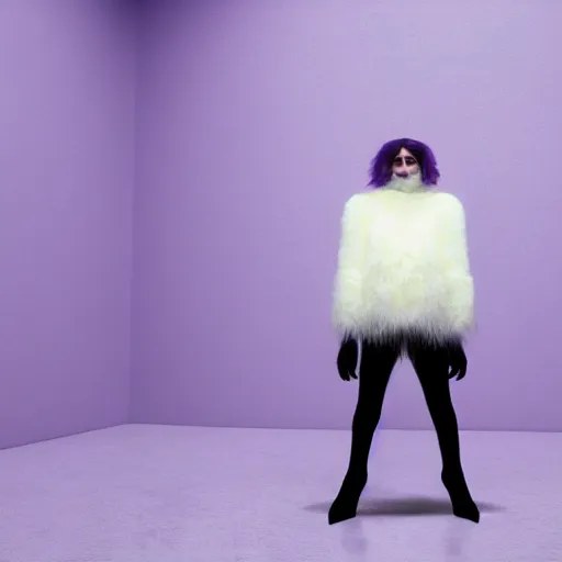 Image similar to A photo of a white fur monster standing in a purple room