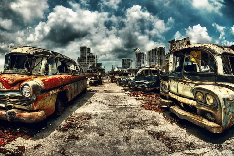 Image similar to wide angle shot of dilapidated fallout 5 miami, tropical coastal city, desolate, dilapidated, just a rusted retro futuristic vintage parked vehicles like cars, buses, trucks, trams, sunny weather, few clouds, volumetric lighting, photorealistic, daytime, spring, sharp focus, ultra detailed, technicolour 1