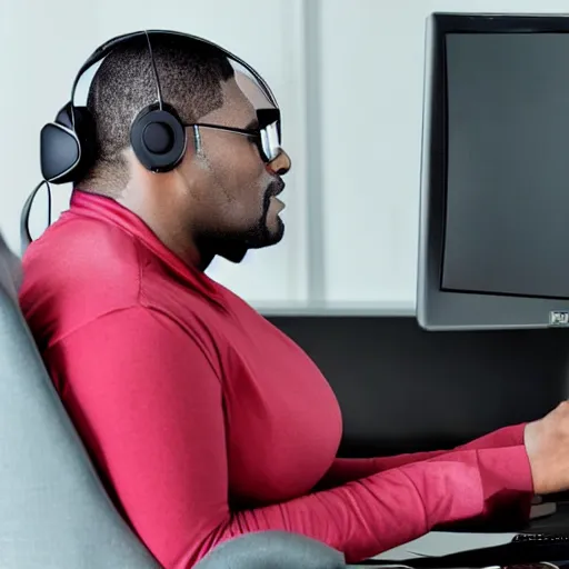 Image similar to obese r kelly sitting behind computer wearing headset