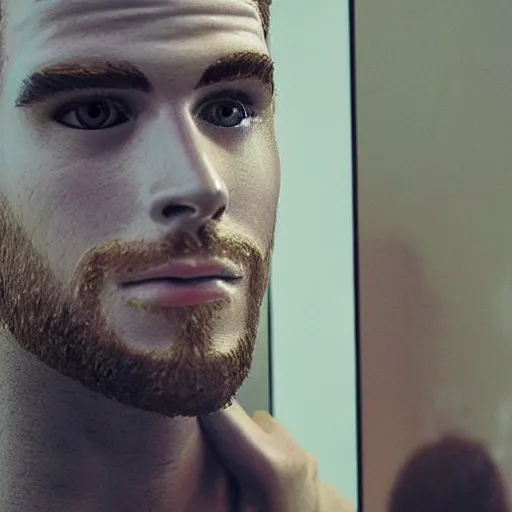 Image similar to “a realistic detailed photo of a guy who is an attractive humanoid who is half robot and half humanoid, who is a male android, actor Liam Hemsworth, shiny skin, posing like a statue, blank stare, at the museum, on display”