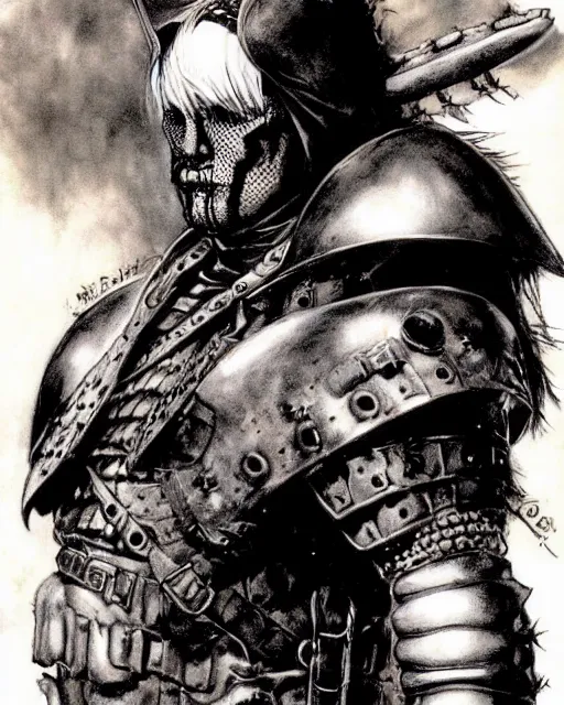 Prompt: portrait of a skinny punk goth wilford brimley wearing armor by simon bisley, john blance, frank frazetta, fantasy, thief warrior