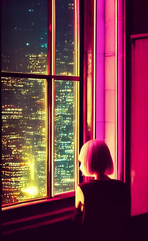 Prompt: realistic vertical photo, girl in 7 0's retro club, editorial, fashion, neon - decorated urban on night in the city seen through window, realistic, modern design, vintage, night, blade runner, dark, clean lines, asian futuristic city at distance, big windows, octane, wide angle