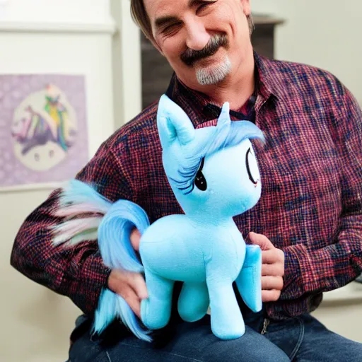Image similar to fat mike lindell hugging an my little pony plushy. still from mypillow ad
