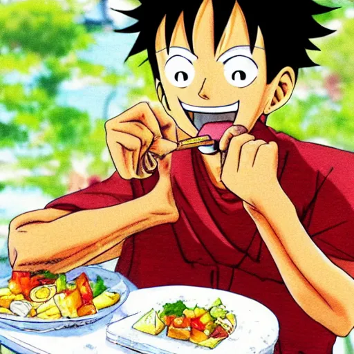 Prompt: Luffy eating ceviche, highly detailed