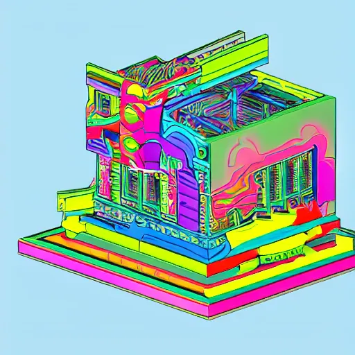 Prompt: an isometric exterior architectural rendering of an infinitely flowing sawtooth interlocking right-angles neon artificial mind-boggling Perpetual Motion Machine made entirely out of colorful wax and plastic, 1:1000 scale, in a highly futuristing Lisa Frank aesthetic (although a bit more subdued than Lisa Frank)