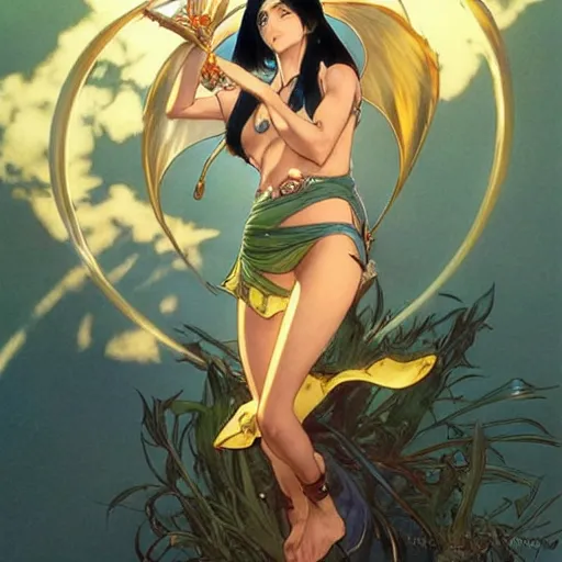 Image similar to highly detailed vfx portrait of nico robin by eiichiro oda, makoto shinkai, alphonse mucha, sharp focus, art by artgerm and greg rutkowski!, backlit, harsh overhead sunlight, blue eyes!!, aquiline nose!!, stanley kybric, kaoru mori, detailed,