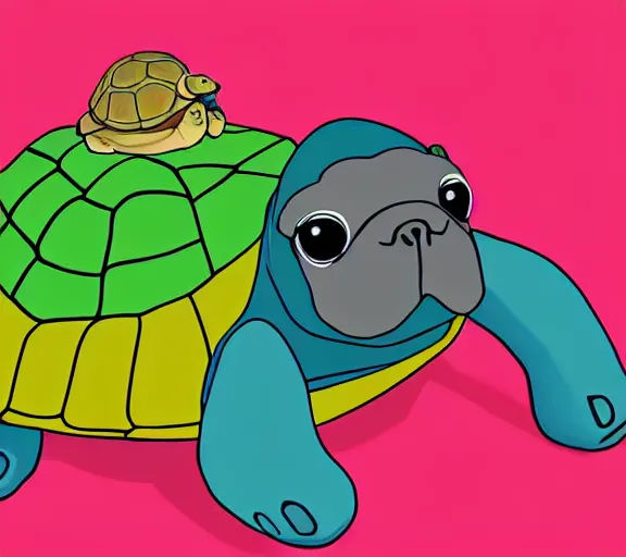 Image similar to a cute little turtle riding on the back of a pug, digital art, colourful