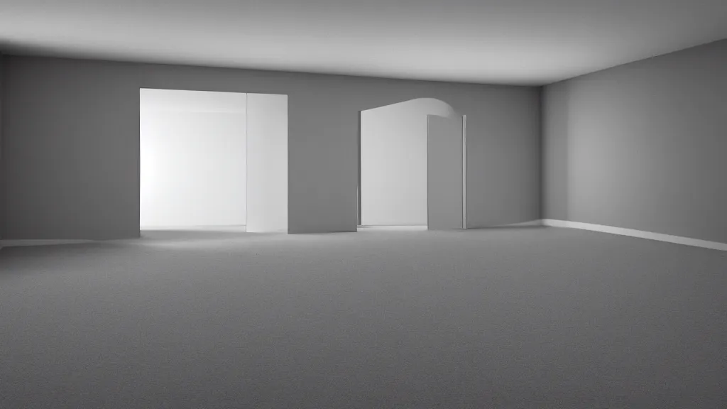 Prompt: 3 d render of a completely empty room, absolutely nothing, gray fog, dramatic,