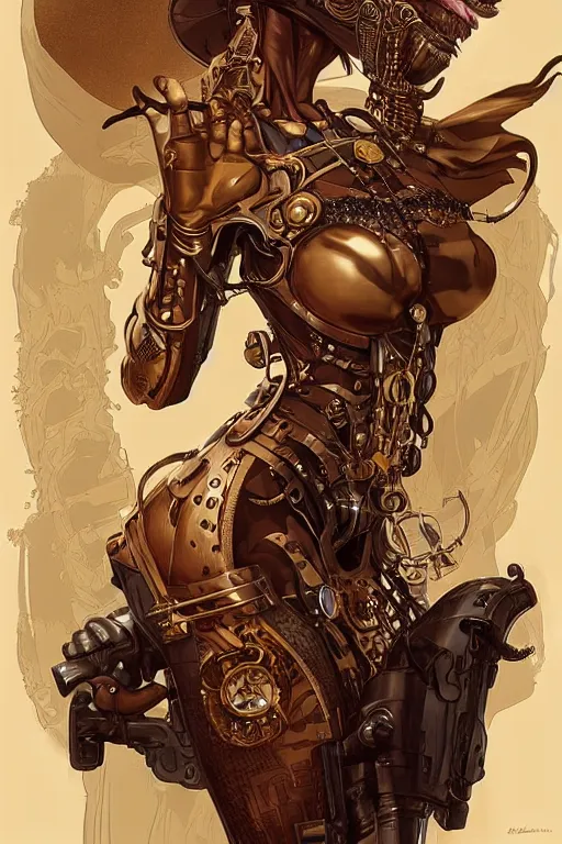 Image similar to anthropomorphic cheetah as steampunk half - cyborg, western, high fantasy, dnd, smooth, sharp focus, illustration, highly detailed, digital painting, artstation, concept art, by disney animation, rossdraws, alphonse mucha, frank fanzzeta, collectible card art