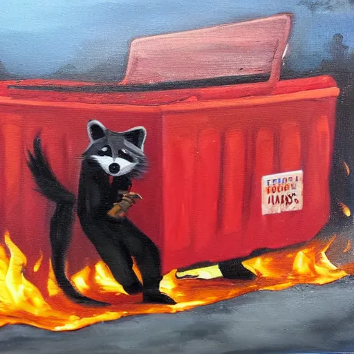 Image similar to a dumpster on fire, raccoons running around, high art, oil painting