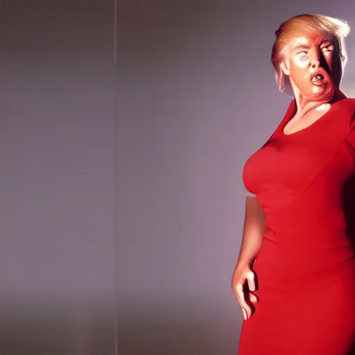 Prompt: donald trump as a hot lady in a red dress, film still, curved body, high quality, 8 k