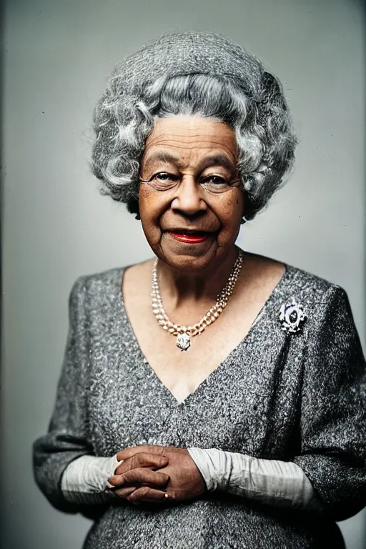 Image similar to a colour photograph of an elderly black lady with grey curly hair, wearing a crown and clothing of Queen Elizabeth the second, 50mm lens, portrait photography, taken by Robert Capa, studio lighting