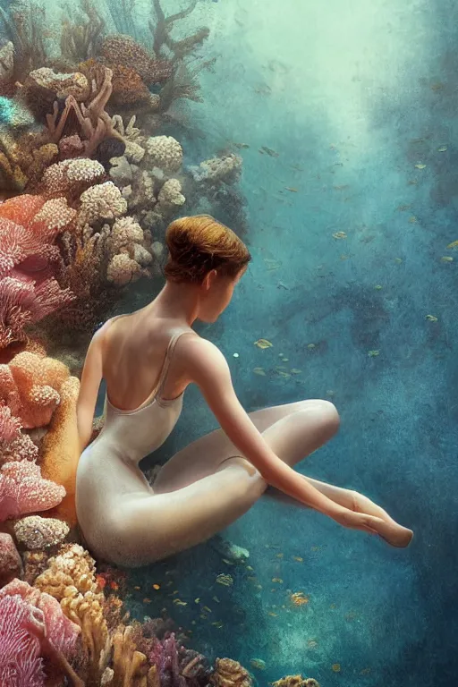 Image similar to ballerina alone at the bottom of the great barrier reef by jaques cousteau, perfect face, smooth, focus, highly detailed, hyper realistic, intricate, concept art, art by wlop