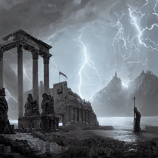 Image similar to the holy castle of Zeus, electrified, lightning-based, with statues, hyperdetailed, artstation, cgsociety, by greg rutkowski, by Gustave Dore, Deviantart