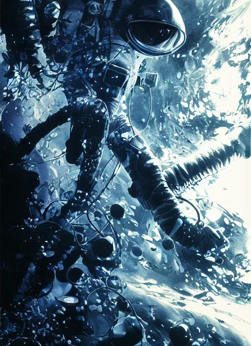 Image similar to astronaut in dark void underwater - complex and hyperdetailed technical suit design. reflection and dispersion materials. rays and dispersion of light. volumetric light. f / 3 2. noise film photo. flash photography. ultra realistic, 5 0 mm. poster by wayne barlowe, hajime sorayama aaron horkey, craig mullins