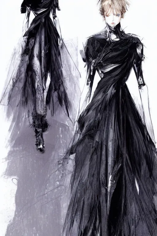 Prompt: dior haute couture dress, concept art, dark colors, high end fashion, style by yoji shinkawa, full body shot