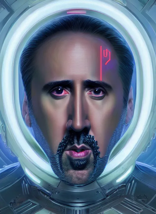 Prompt: symmetry!! portrait of nicolas cage with armor, sci - fi, tech wear, glowing lights!! intricate, elegant, highly detailed, digital painting, artstation, concept art, smooth, sharp focus, illustration, art by artgerm and greg rutkowski and alphonse mucha