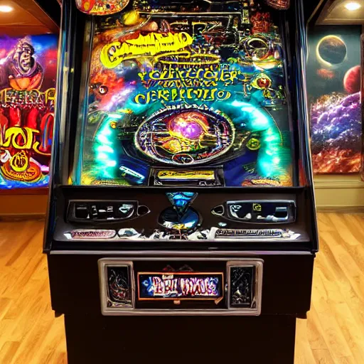 Image similar to full view of a cosmic horror pinball machine, photo