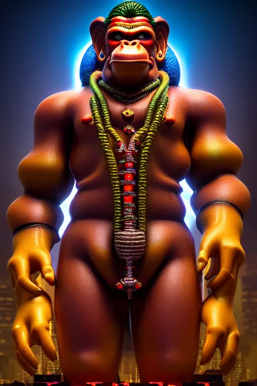 Image similar to high quality 3 d render post - rococo cyberpunk hanuman! head building, neon madhubani, open mouth, highly detailed, in sci - fi mumbai, cinematic smooth unreal engine, lee madgwick & liam wong, dramatic light, low angle, uhd 8 k, sharp focus