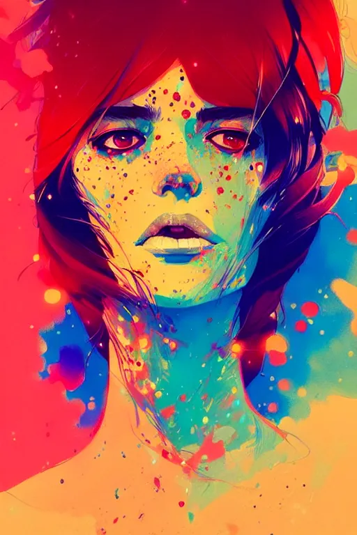 Prompt: a ultradetailed beautiful panting of a woman with a colorful explosion coming out of her neck, by conrad roset, greg rutkowski and makoto shinkai, trending on artstation