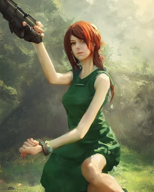 Image similar to elegant claire redfield in a green cottagecore dress, portrait, illustration, rim light, top light, summer clear blue sky, perfectly shaded, soft painting, art by krenz cushart and wenjun lin