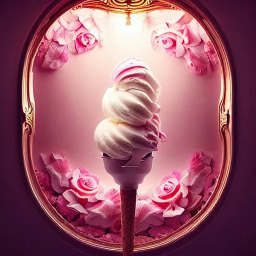 Image similar to epic professional digital art of icecream, rose atmospheric lighting, painted, intricate, detailed, cheerful, fun, exciting, by leesha hannigan, wayne haag, reyna rochin, ignacio fernandez rios, mark ryden, iris van herpen,, epic, stunning, gorgeous, much wow, cinematic, masterpiece.