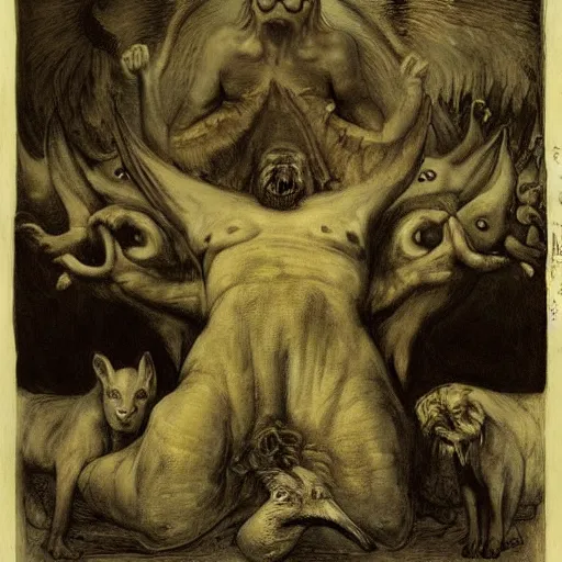 Image similar to king of the beasts 666, by Odd Nerdrum, by Francisco Goya, by M.C. Escher, fairy-tale illustration style, very detailed, colorful, beautiful, eerie, surreal, psychedelic