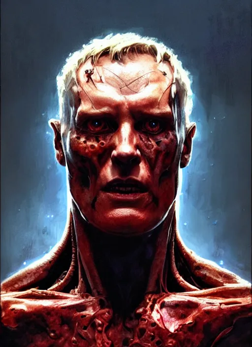 Image similar to james cameron as victor stone, full body concept, cyborg, borg, strogg, face of a man, terminator, flesh, quake strogg, doom demon, wolfenstein, monstrous, powerful, symmetry, symmetrical, concept art by ruan jia and greg rutkowski