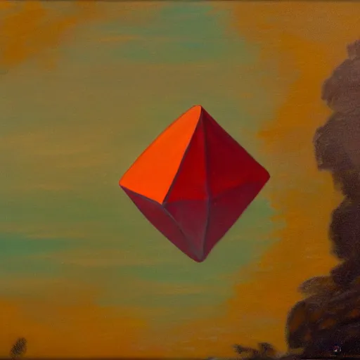 Image similar to an oil painting of an icosahedron floating above a lake