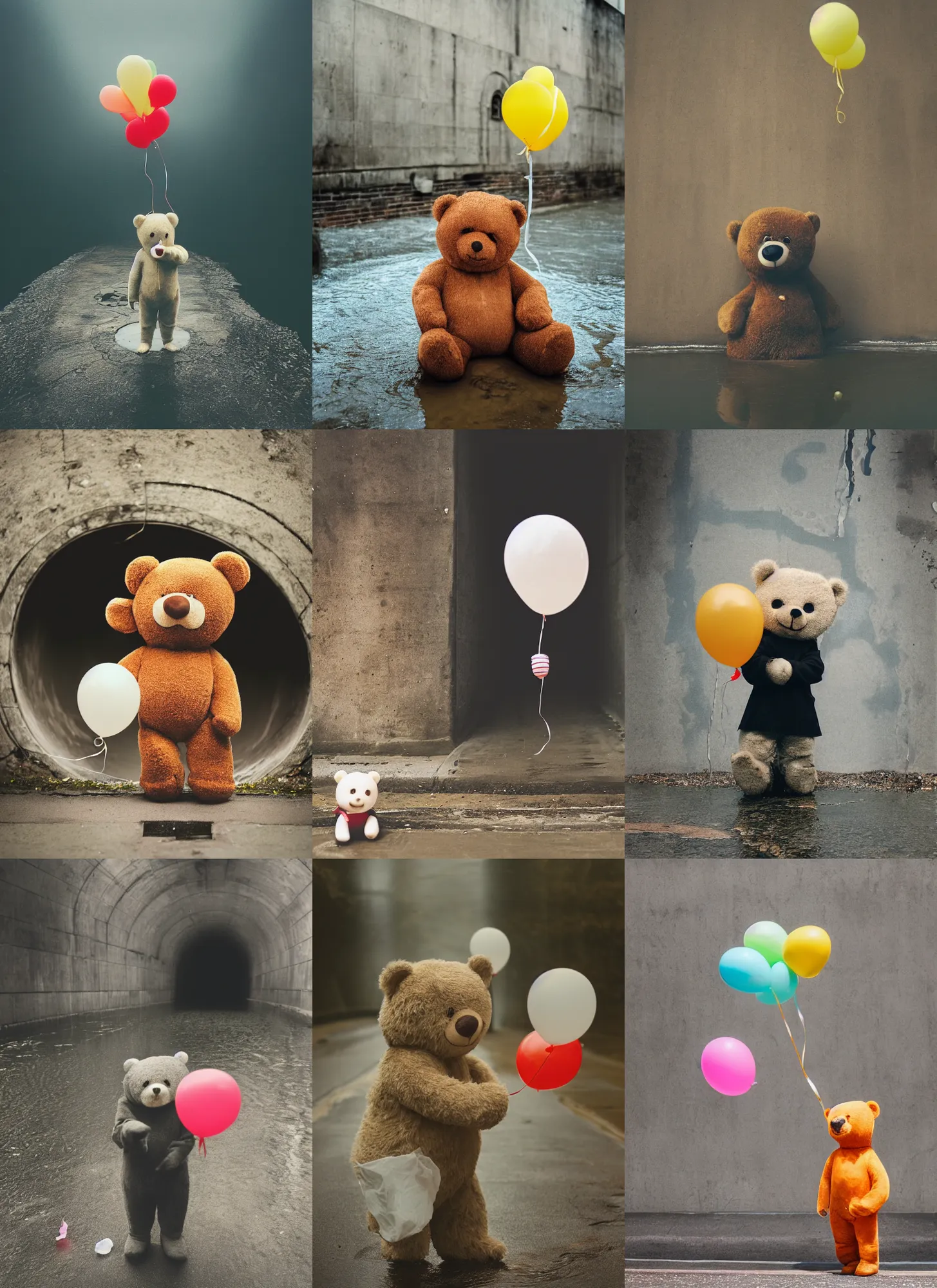 Prompt: medium format film portrait of a soulless anthropomorphic teddy bear holding a balloon standing in a sewer, hasselblad film bokeh, unsplash, soft light photographed on colour expired film