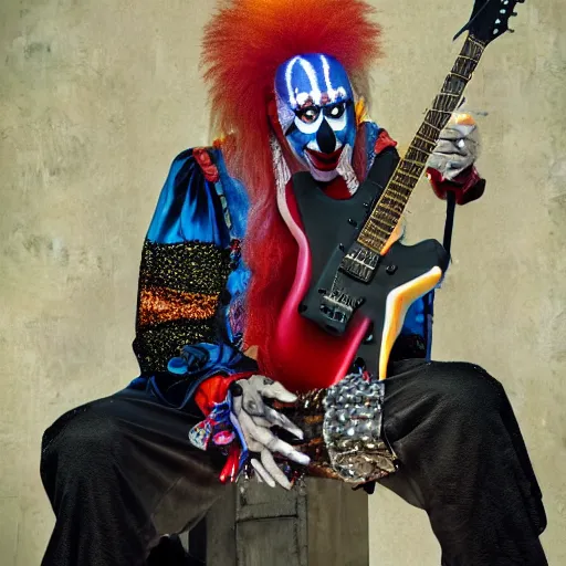 Prompt: UHD hyperrealistic Dee Snider dressed as a clown playing electric guitar, with intricate clown makeup, by Antonio Caparo and Ferdinand Knab and Greg Rutkowski UHD photorealistic trending on artstation