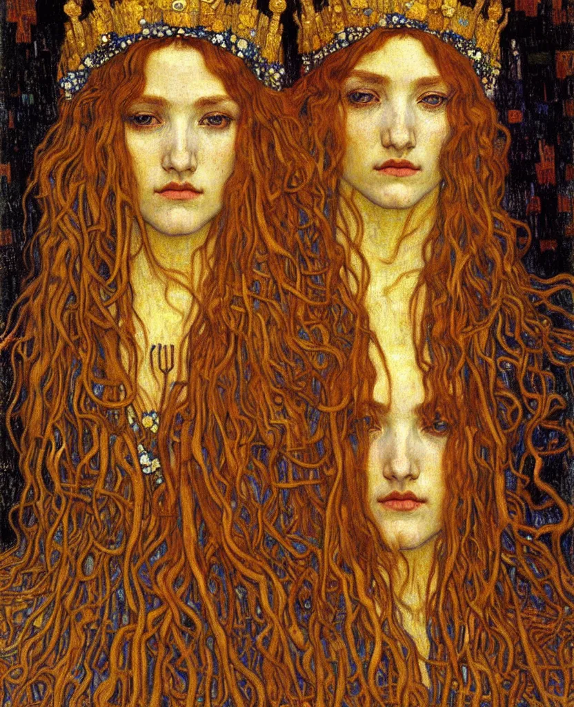 Image similar to detailed realistic beautiful young medieval queen face portrait by jean delville, gustav klimt and vincent van gogh, art nouveau, symbolist, visionary, gothic, pre - raphaelite, muted earthy colors, desaturated