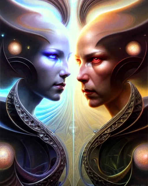 Image similar to a portrait of gemini light and dark fantasy character portrait made of fractals facing each other, ultra realistic, wide angle, intricate details, the fifth element artifacts, highly detailed by peter mohrbacher, hajime sorayama, wayne barlowe, boris vallejo, aaron horkey, gaston bussiere, craig mullins