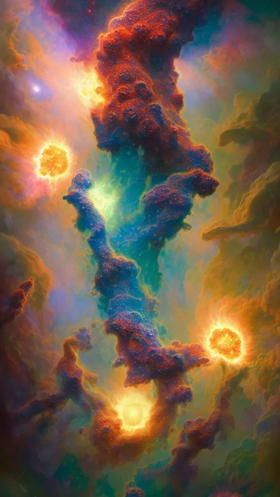 Image similar to psychedelic transcendent puffs! of smoke explosion, space, supernova, nebulae, pillars of creation, enlightenment, high contrast lighting, highly detailed, concept art, art by collier, albert aublet, krenz cushart, artem demura, alphonse mucha