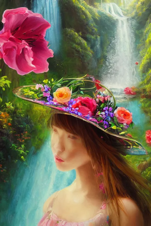 Prompt: oil painting, romanticism, girl in flower hat, waterfall cave, fresh flower dress, roses, lilies, water drops, overhead light, japanese carp, 4 k, 8 k