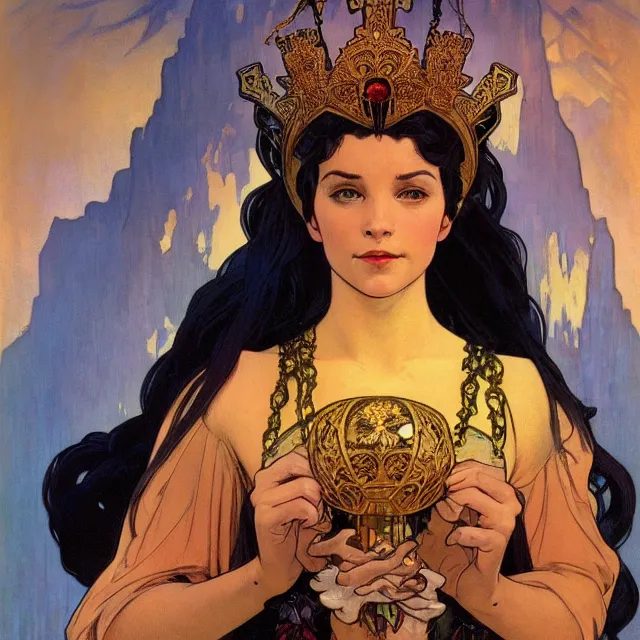 Image similar to an aesthetic! a detailed portrait of a vailed woman, with a crown, holding a lantern with mountains of gold in the background, by frank frazetta and alphonse mucha, oil on canvas, art nouveau dungeons and dragons fantasy art, hd, god rays, ray tracing, crisp contour lines, huhd