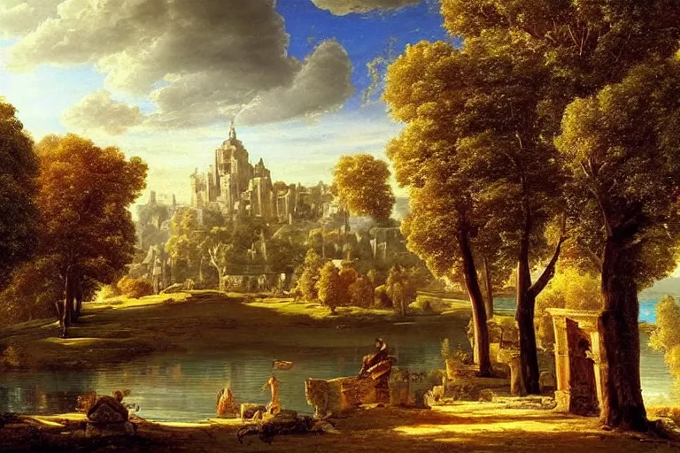 Image similar to beautiful city landscape with oak trees, mythology, fantasy, landscape background, vivid colors, digital painting, very detailed, realistic, high quality, by claude lorrain