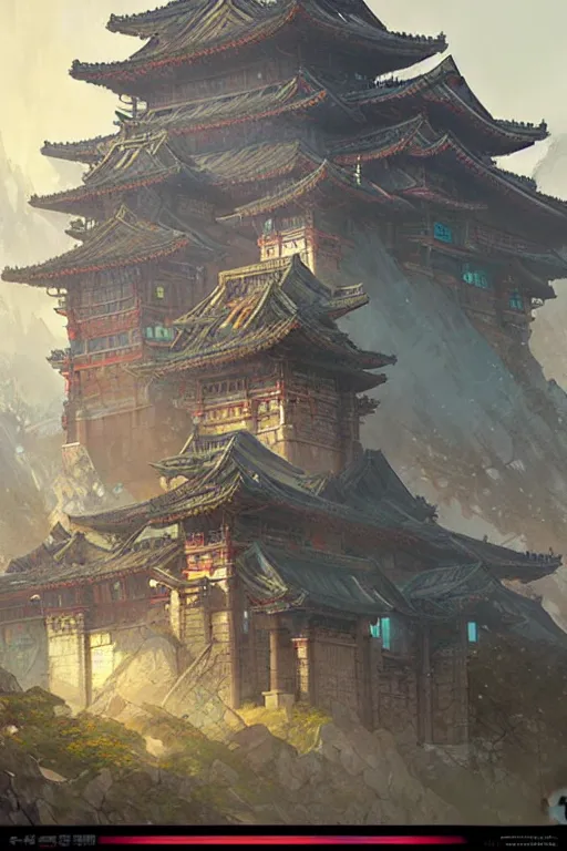 Image similar to cyberpunk Korean ancient castle, fantasy, painting by greg rutkowski and alphonse mucha