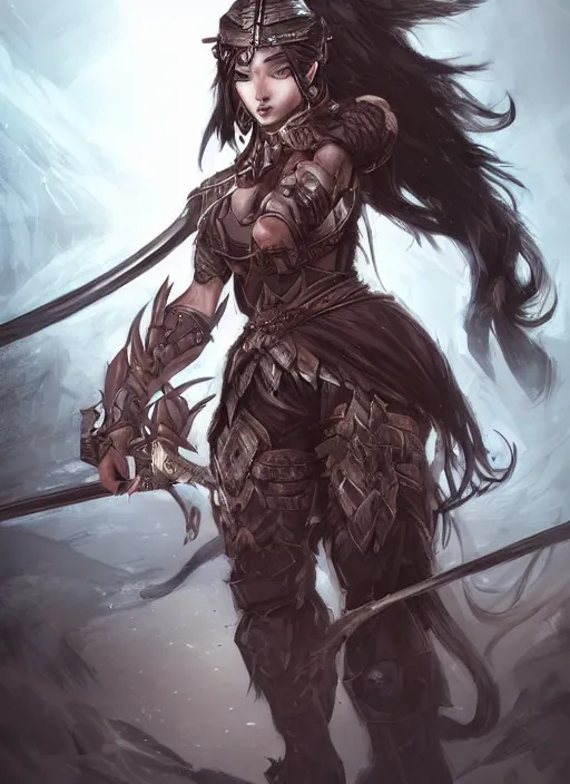 Image similar to beautiful warrior lady, black long hair, practical armor, brown skin, demonic eyes, low fantasy, extremely detailed, sharp focus, smooth, digital illustration, by rossdraws, frank franzzeta, sakimichan